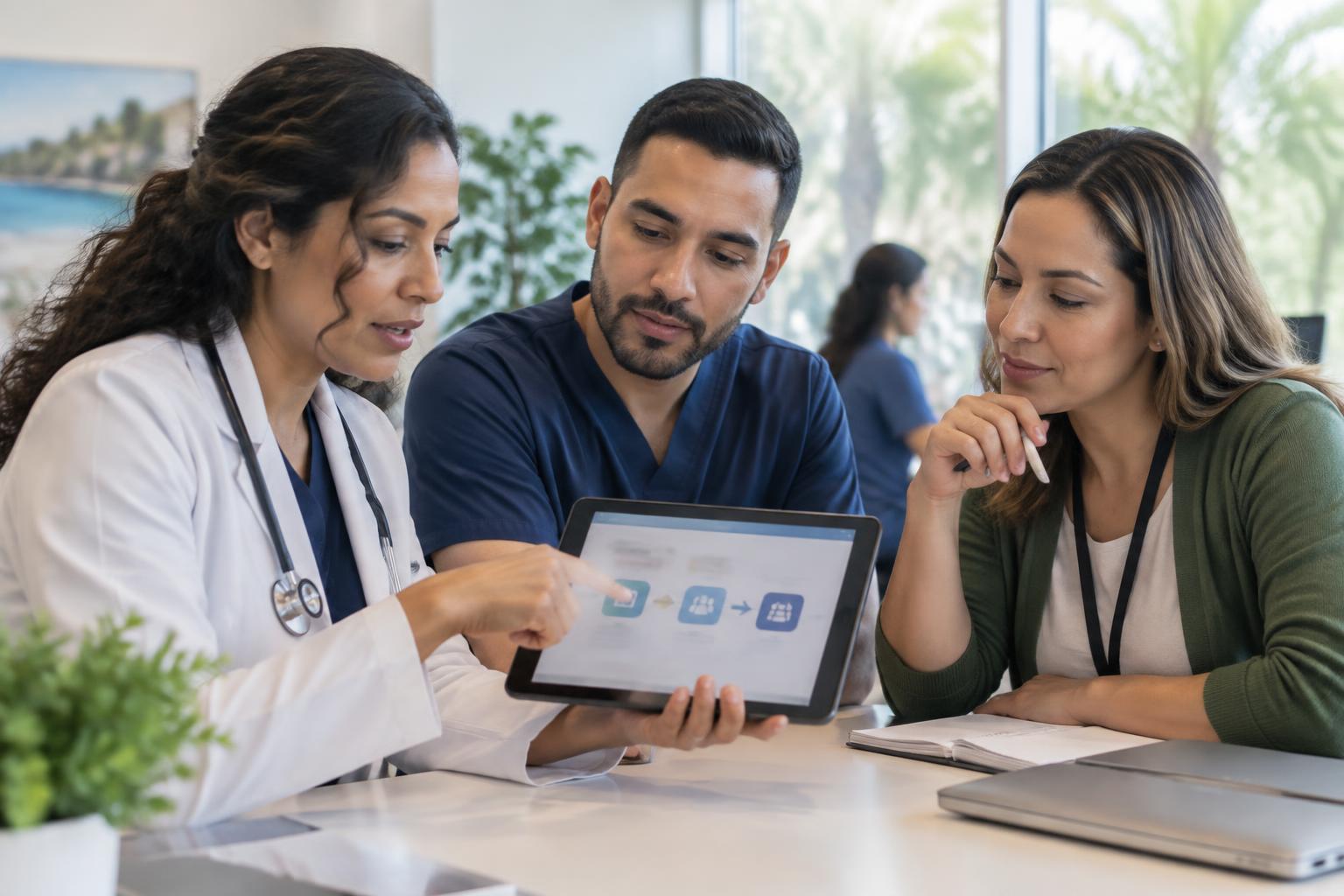 Clinical team reviews a conceptual coordination and follow-up pathway together