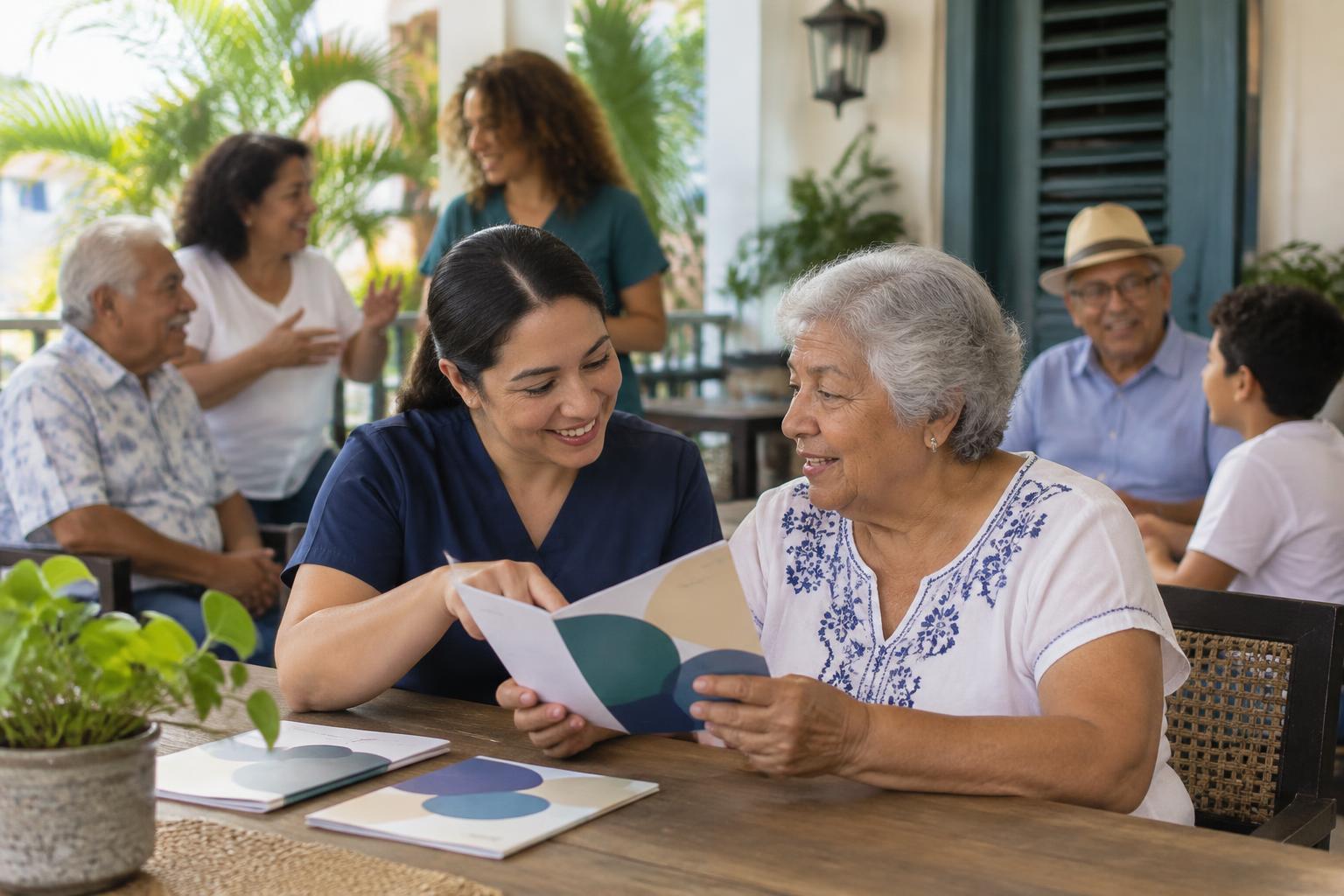 Educator speaks with an older adult during an accessible community activity in Puerto Rico