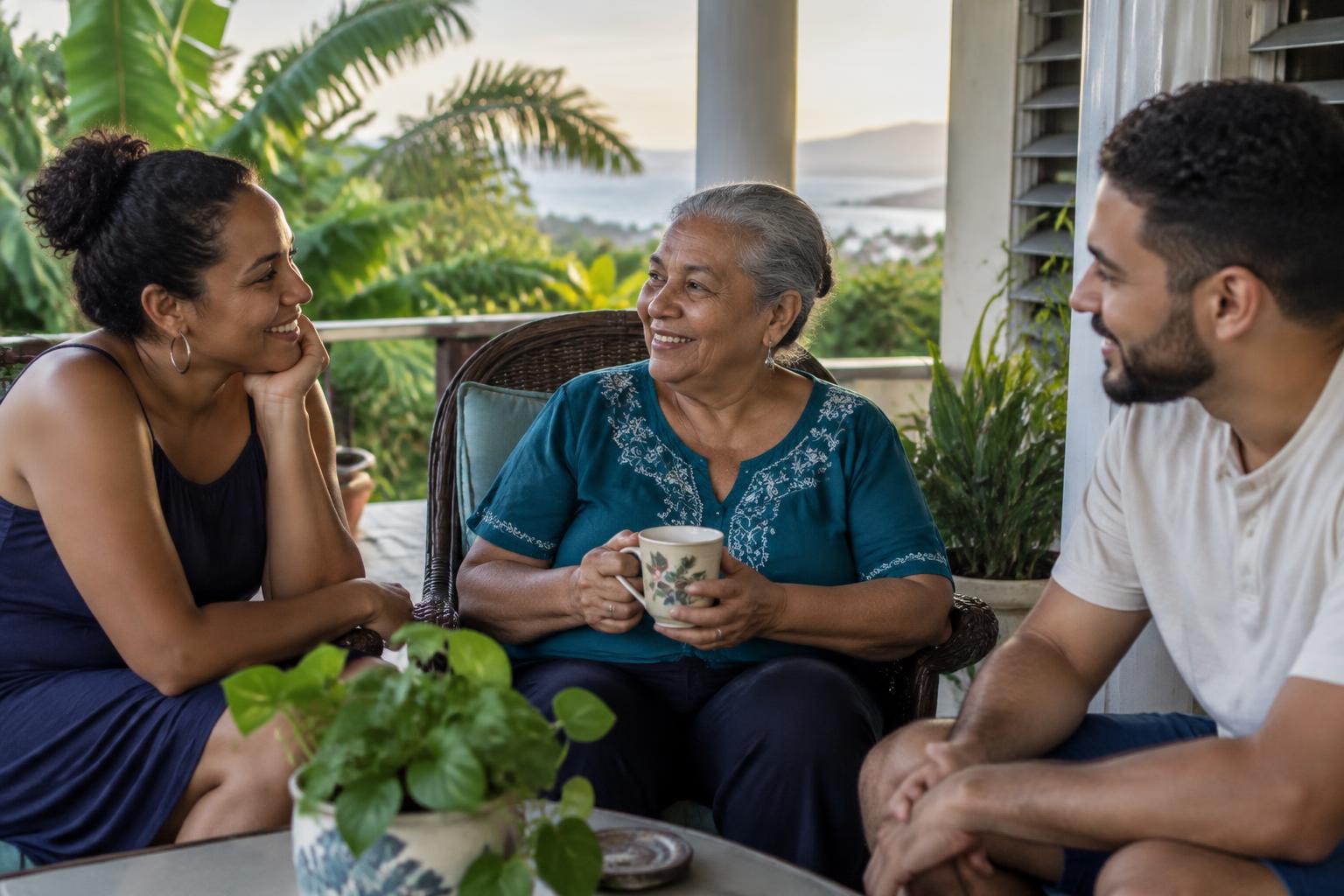 Older adult shares a calm conversation with two relatives on the balcony of her Puerto Rico home
