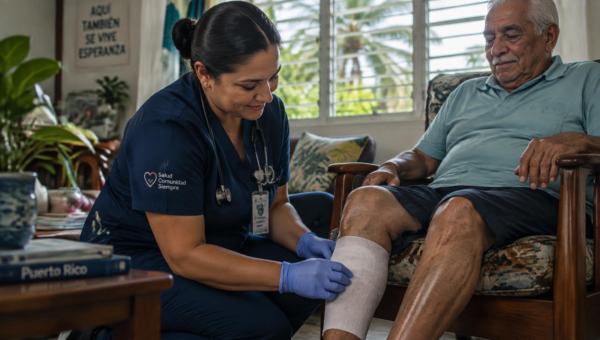Nurse in navy scrubs gently caring for the bandaged leg of an older patient at home in Puerto Rico