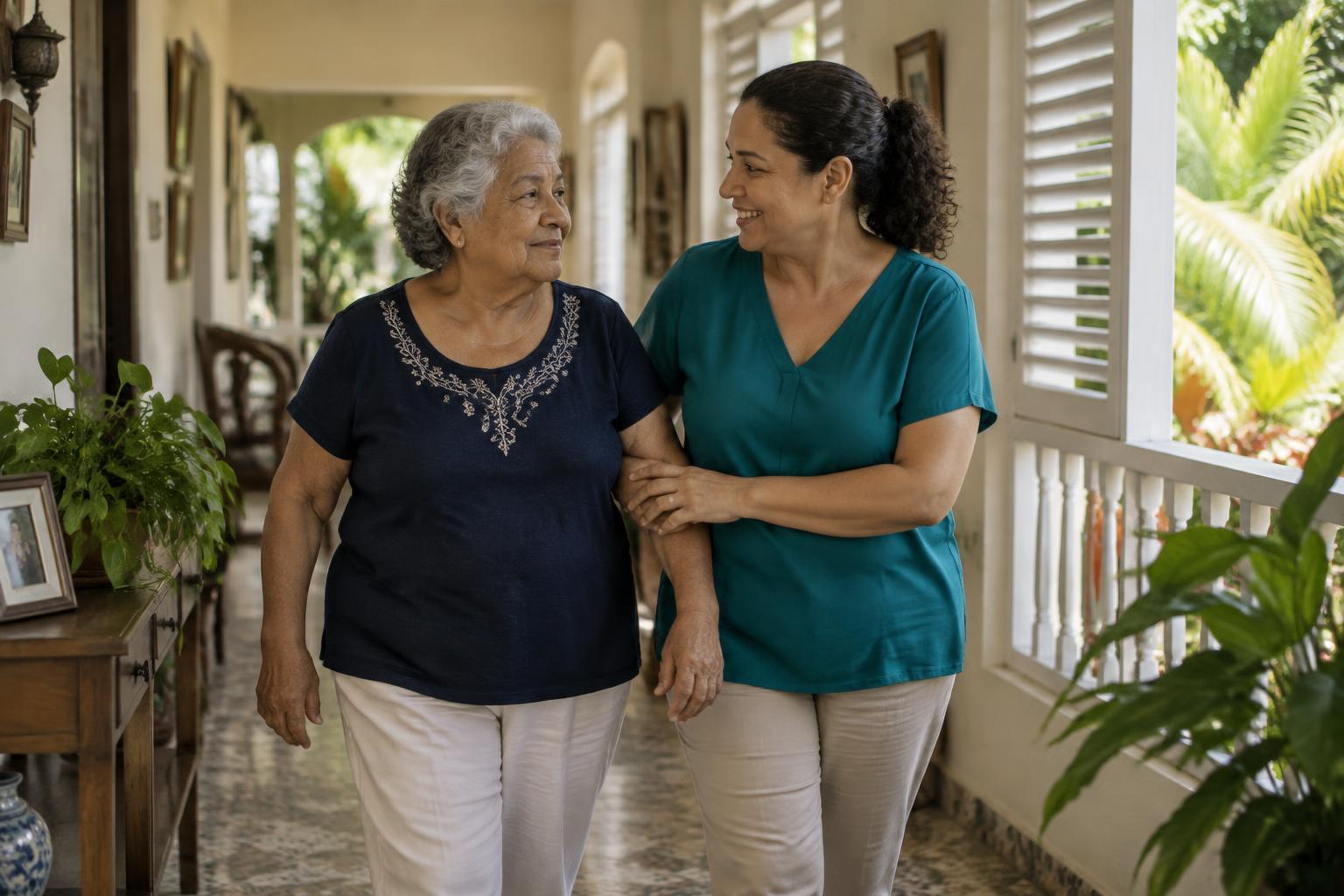 Older adult walks confidently beside her daughter in the corridor of her Puerto Rico home