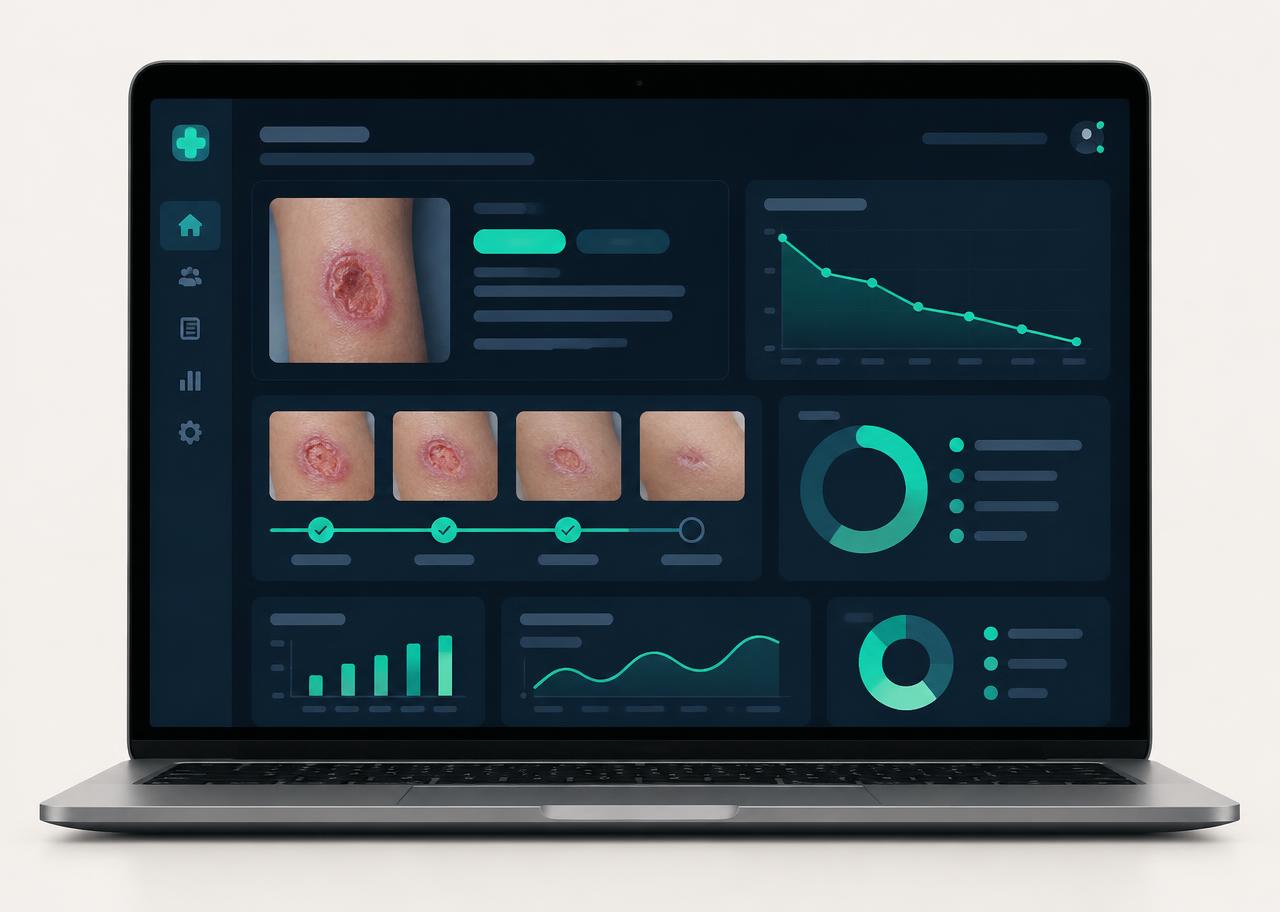Demostración conceptual de un panel de seguimiento en una laptop con gráficas de evolución y línea de tiempo