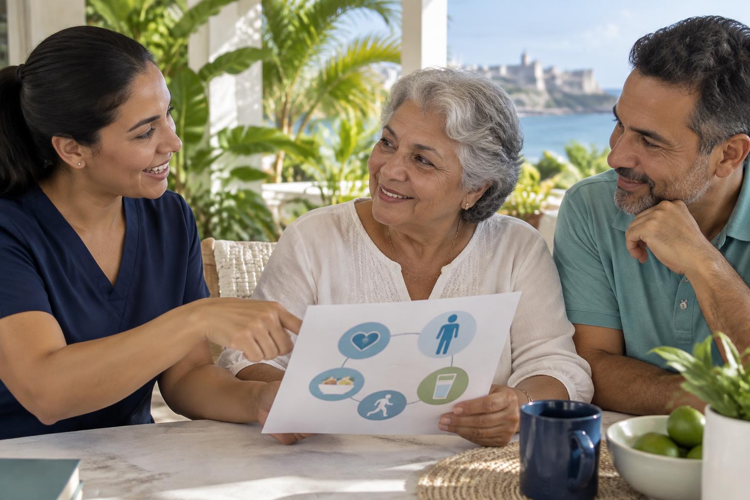 Nurse discusses an educational guide with an older adult and her caregiver in Puerto Rico