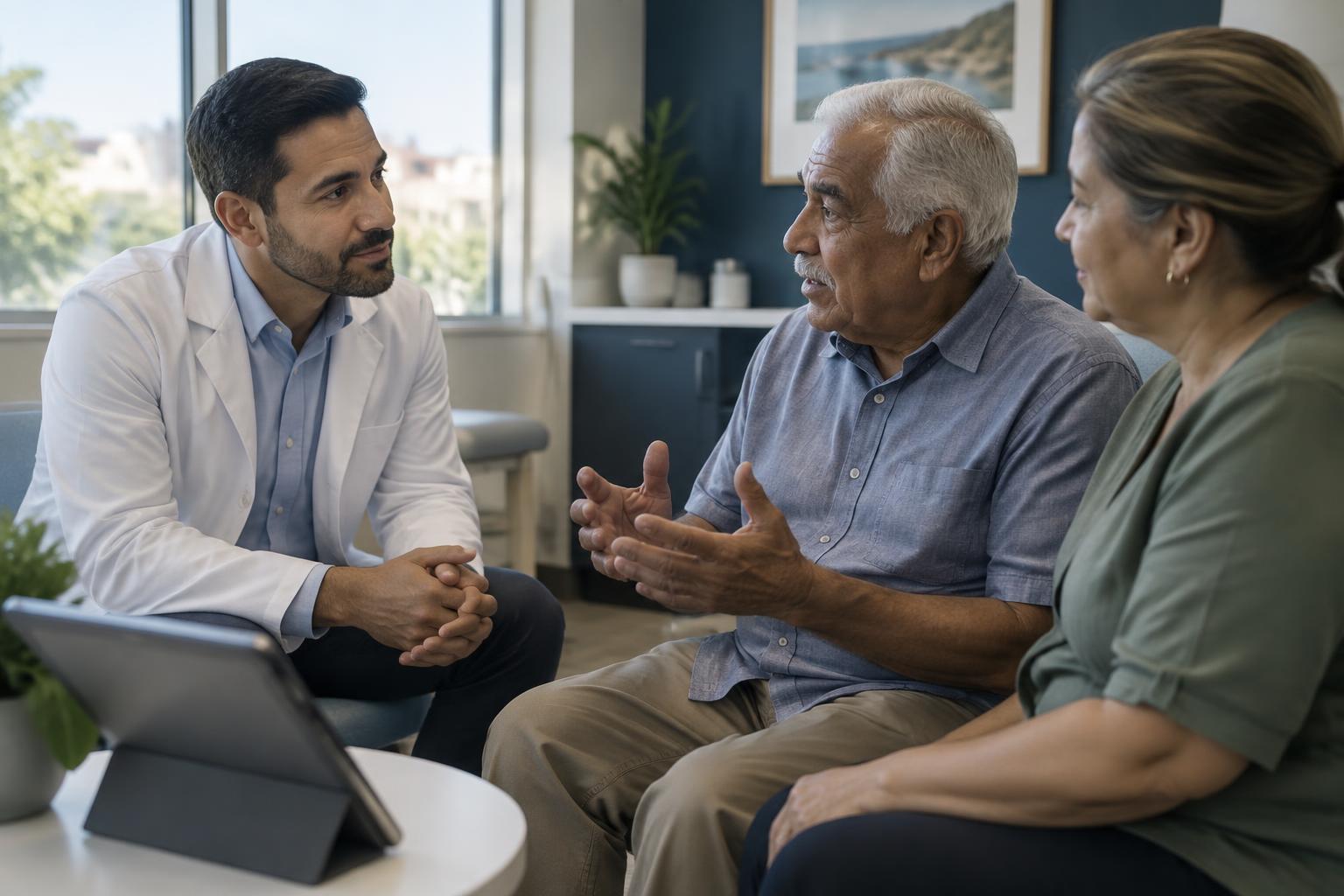 Physician listens to an older patient accompanied by his caregiver during a clinical conversation