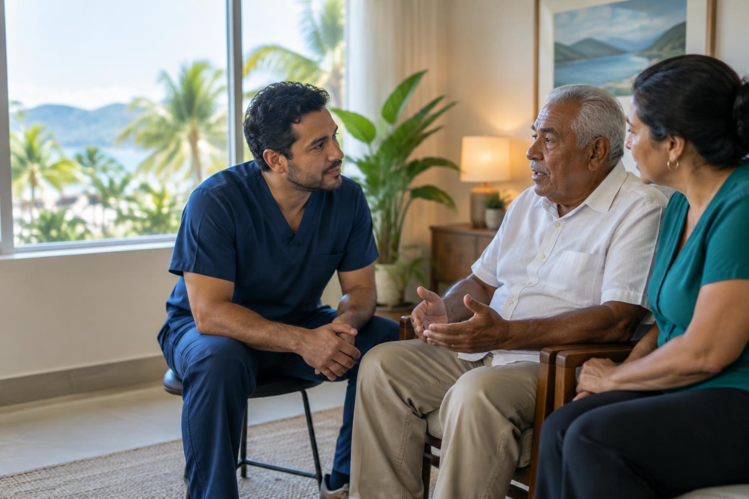 Physician listens to an older patient and caregiver during a consultation.