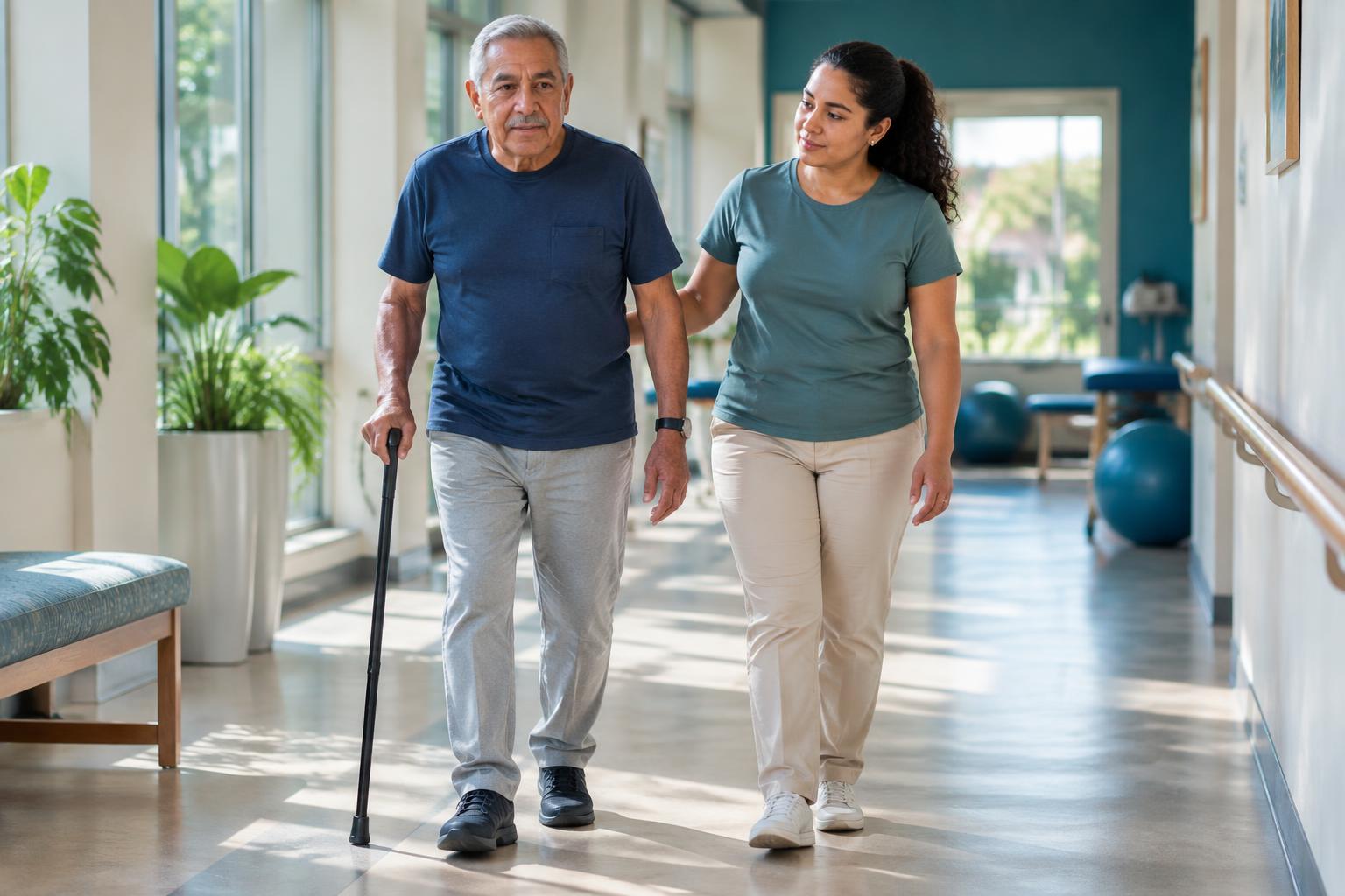 Older adult practices a supervised walk with a rehabilitation professional
